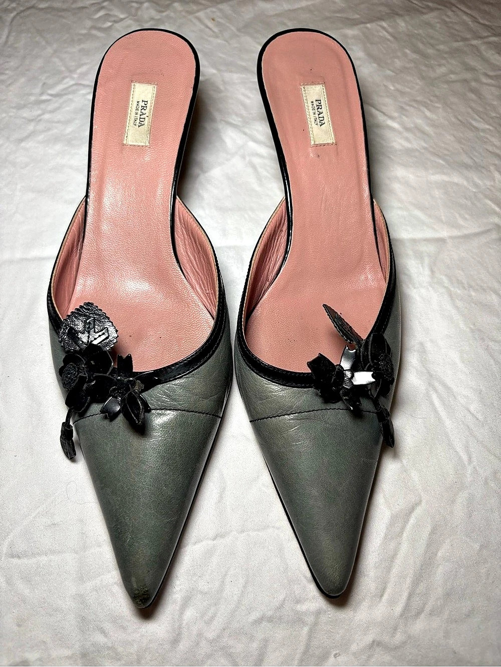 Prada Vintage Leather Floral Appliqué Kitten Heel Mules Sage Green/Blue